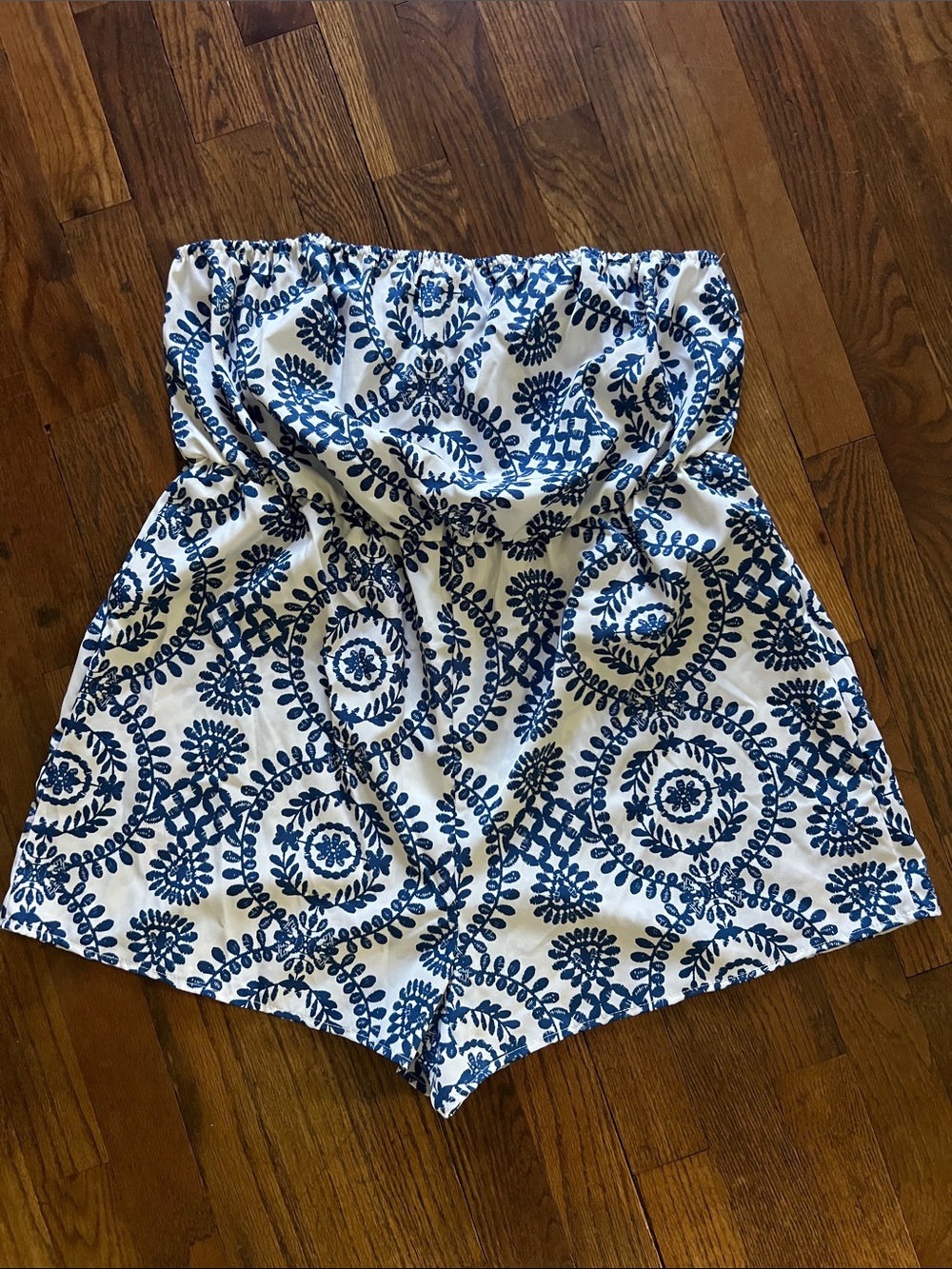 SHEIN Blue & White Strapless Printed High-Waist Shorts Romper